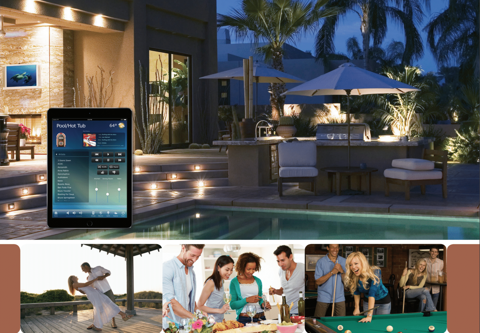 Luxury backyard with pool and outdoor seating, featuring a tablet displaying smart home light controls.