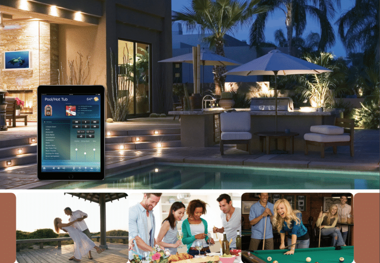 Luxury backyard with pool and outdoor seating, featuring a tablet displaying smart home light controls.