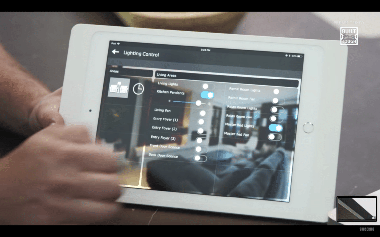 Tablet screen displaying app-based control of living room lighting, demonstrating the convenience of smart light switches.