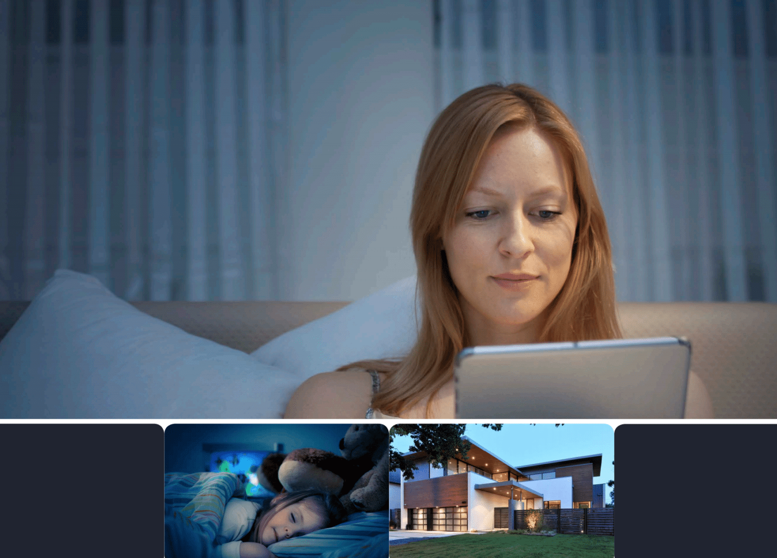 Woman relaxing on a sofa with a tablet, enjoying the convenience of smart home technology while on vacation mode.