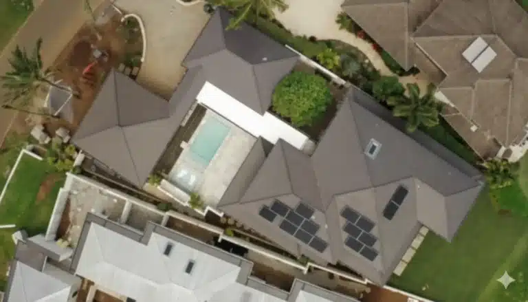 Aerial view of modern property with solar panels, pool, and landscaped courtyard, representing the integration of smart homes design.