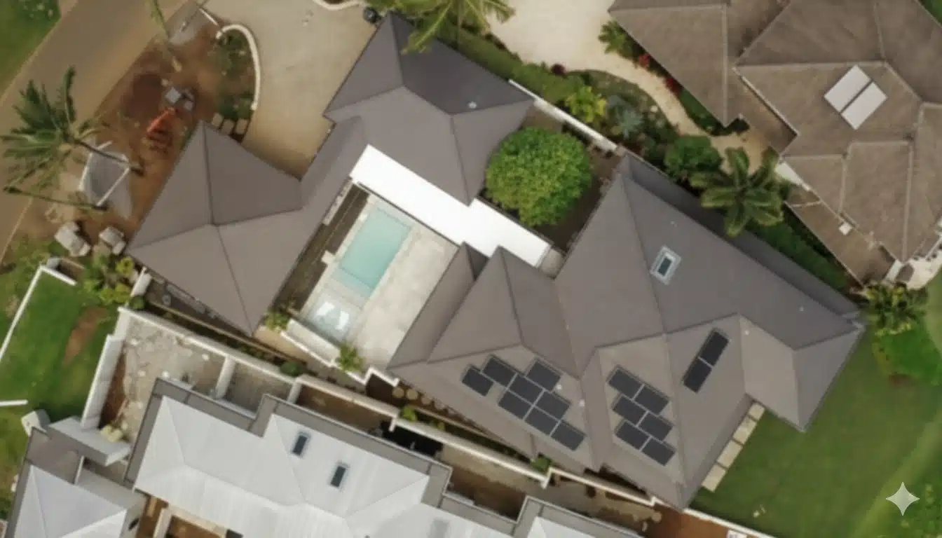 Aerial view of modern property with solar panels, pool, and landscaped courtyard, representing the integration of smart homes design.