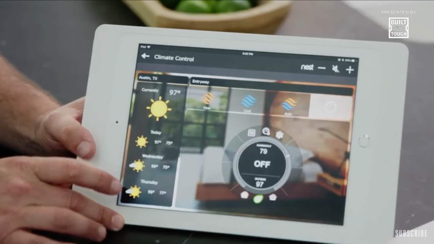 Tablet displaying a climate and lighting control interface, demonstrating the convenience of a smart home manager.