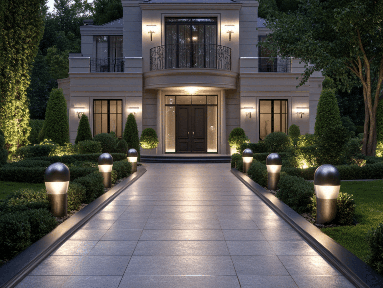Luxury home with illuminated driveway and entryway, enhanced by integrated smart home technology lighting design.