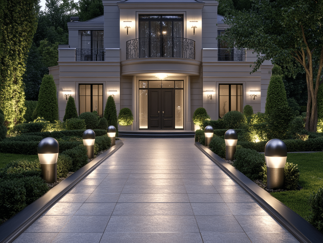 Luxury home with illuminated driveway and entryway, enhanced by integrated smart home technology lighting design.
