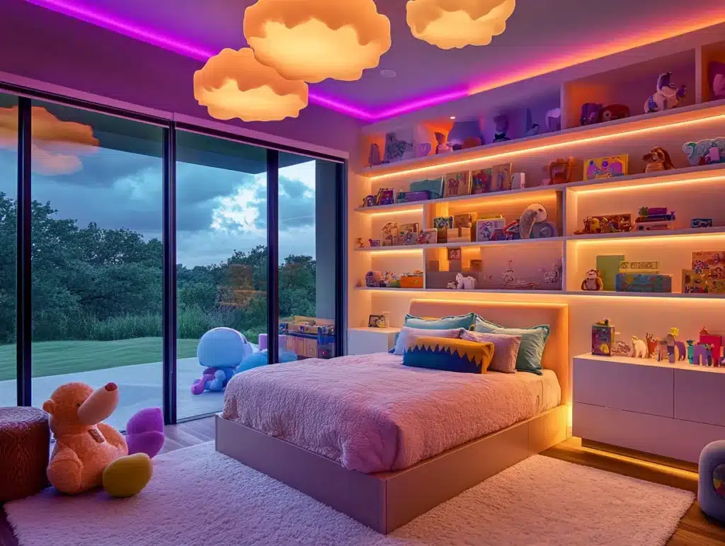 Childrenâ€™s bedroom with vibrant smart light bulbs and custom LED lighting, creating a playful and cozy atmosphere.
