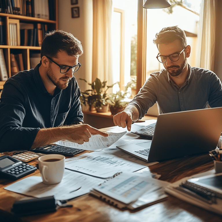 Two professionals reviewing plans and documents at a desk, collaborating on the design of smart home systems.