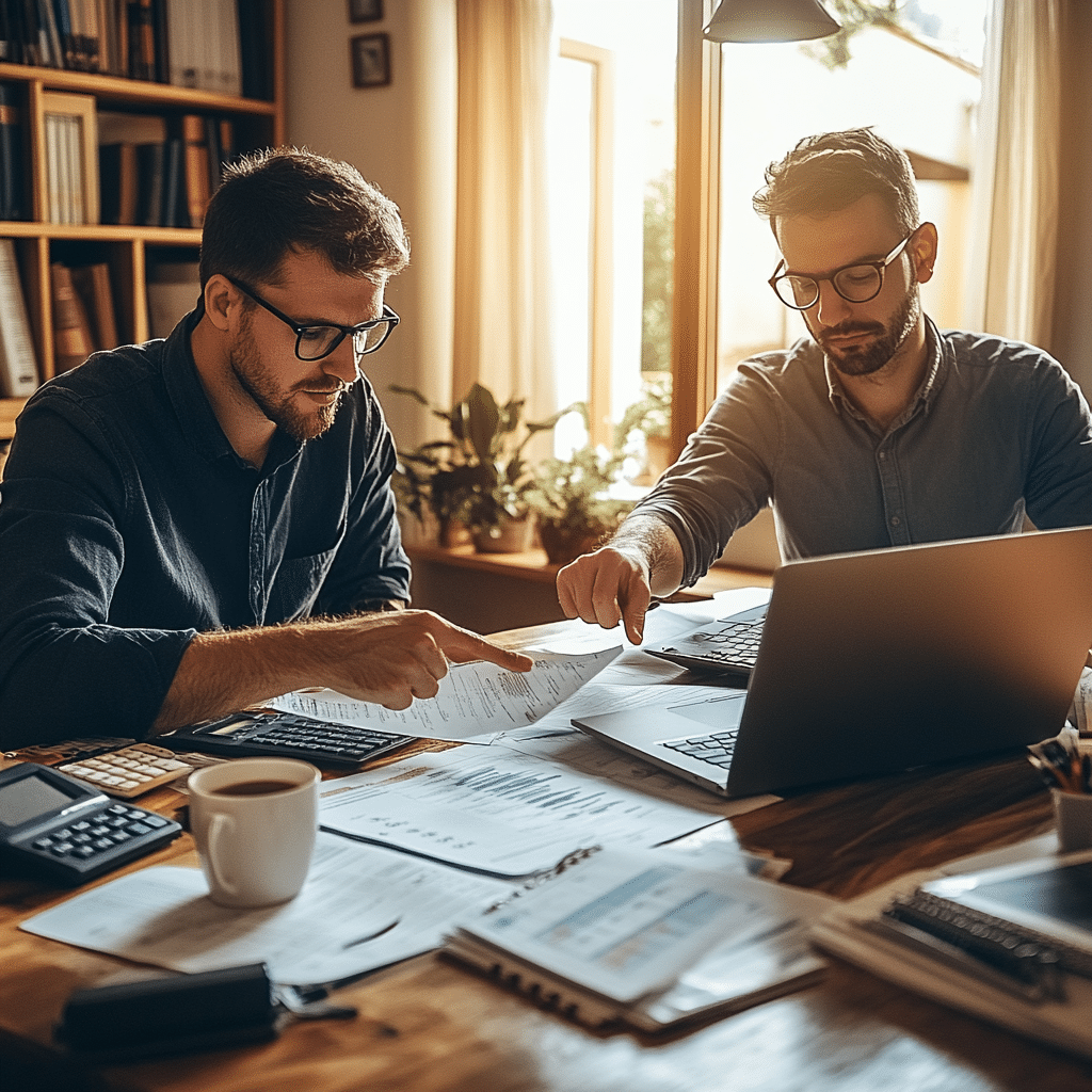 Two professionals reviewing plans and documents at a desk, collaborating on the design of smart home systems.