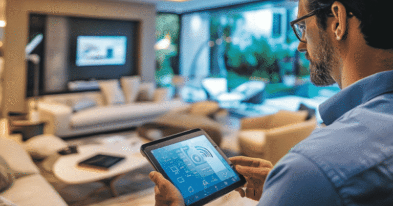 Man using a tablet to control lighting and entertainment in a modern living room equipped with smart home devices.